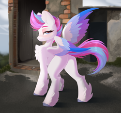 Size: 4096x3820 | Tagged: safe, alternate version, artist:kebchach, character:zipp storm, species:pegasus, species:pony, g5, butt, chest fluff, colored eyebrows, colored hooves, colored wings, eyebrows, female, high res, hooves, leg fluff, lidded eyes, looking at you, looking back, looking back at you, mare, missing cutie mark, multicolored wings, plot, profile, rear view, solo, spread wings, unshorn fetlocks, wings, zippbutt
