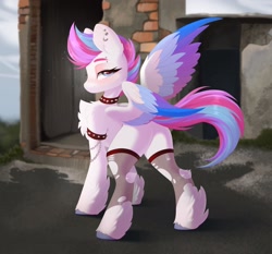Size: 2048x1910 | Tagged: safe, artist:kebchach, character:zipp storm, species:pegasus, species:pony, g5, bondage, bracelet, butt, chains, chest fluff, choker, clothing, collar, colored eyebrows, colored hooves, colored wings, ear piercing, eyebrows, female, high res, hooves, jewelry, leg fluff, lidded eyes, looking at you, looking back, looking back at you, mare, missing cutie mark, multicolored wings, necklace, piercing, plot, profile, rear view, ripped stockings, solo, spiked choker, spiked collar, spiked wristband, spread wings, stockings, thigh highs, unshorn fetlocks, wings, wristband, zippbutt