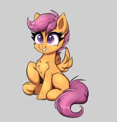 Size: 1913x2000 | Tagged: safe, artist:confetticakez, character:scootaloo, species:pegasus, species:pony, g4, chest fluff, cute, cutealoo, feathered wings, female, filly, frog (hoof), gray background, happy, hoofbutt, hooves, raised hoof, simple background, sitting, smiling, solo, spread wings, sweet dreams fuel, three quarter view, underhoof, wings, young