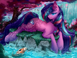 Size: 4700x3525 | Tagged: safe, artist:rico_chan, derpibooru original, oc, oc only, oc:serenity pond, species:earth pony, species:pony, g4, carp, cherry blossoms, colored eyebrows, colored pupils, commission, earth pony oc, eye clipping through hair, eyebrows, female, fish, flower, flower blossom, koi, long hair, lying down, mare, smiling, solo, stone, three quarter view, tree, unshorn fetlocks, water, waterfall, ych result