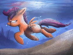 Size: 1024x768 | Tagged: dead source, safe, artist:ibsn, character:scootaloo, species:pegasus, species:pony, g4, deviantart watermark, female, filly, obtrusive watermark, profile, scrunchy face, solo, spread wings, swimming, underwater, watermark, wings, young