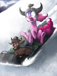 Size: 1024x1365 | Tagged: dead source, safe, artist:ibsn, character:pinkie pie, species:earth pony, species:pony, species:yak, episode:party pooped, g4, my little pony: friendship is magic, calf, cloven hooves, deviantart watermark, duo, fear, female, hooves, horn, horn jewelry, horn ring, jewelry, mare, obtrusive watermark, open mouth, ring, scared, scene interpretation, sitting, sled, snow, terrified, underhoof, watermark, yak calf