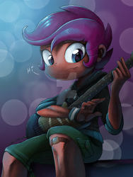 Size: 1024x1365 | Tagged: dead source, safe, artist:ibsn, character:scootaloo, species:eqg human, g4, my little pony:equestria girls, electric guitar, female, guitar, musical instrument, solo, watermark