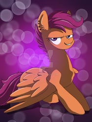 Size: 1024x1365 | Tagged: dead source, safe, artist:ibsn, character:scootaloo, species:pegasus, species:pony, g4, abstract background, deviantart watermark, female, filly, looking at you, obtrusive watermark, older, solo, three quarter view, watermark, wings, young