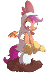 Size: 1024x1365 | Tagged: dead source, safe, artist:ibsn, character:scootaloo, species:pegasus, species:pony, g4, chicken suit, clothing, deviantart watermark, egg, female, momma scoots, obtrusive watermark, scootachicken, simple background, solo, watermark, white background