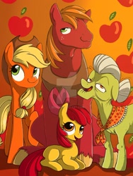 Size: 1024x1365 | Tagged: dead source, safe, artist:ibsn, character:apple bloom, character:applejack, character:big mcintosh, character:granny smith, species:earth pony, species:pony, g4, abstract background, apple, apple family member, deviantart watermark, female, filly, food, male, mare, obtrusive watermark, simple background, stallion, three quarter view, watermark, young