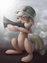 Size: 1536x2048 | Tagged: dead source, safe, artist:ibsn, character:applejack, species:earth pony, species:pony, g4, female, floppy ears, gun, helmet, hoof hold, how applejack won the war, mare, one eye closed, sitting, solo, three quarter view, tongue out, weapon