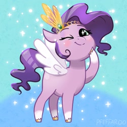 Size: 2048x2048 | Tagged: safe, artist:pfeffaroo, character:pipp petals, species:pegasus, species:pony, g5, abstract background, adorapipp, blushing, circlet, coat markings, colored eyebrows, colored hooves, cute, eyebrows, female, hooves, mare, one eye closed, pipp wings, raised hoof, signature, smiling, socks (coat marking), solo, sparkles, sparkly eyes, spread wings, unshorn fetlocks, wingding eyes, wings, wink