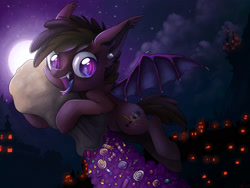 Size: 2048x1536 | Tagged: dead source, safe, artist:ibsn, oc, oc only, species:bat pony, species:pony, g4, bat pony oc, bat wings, candy, fangs, food, holiday, nightmare night, sharp teeth, solo, three quarter view, wings