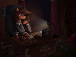 Size: 2048x1536 | Tagged: dead source, safe, artist:ibsn, oc, oc only, species:earth pony, species:pony, g4, cat, computer, desk, earth pony oc, lamp, laptop computer, necktie, sitting, solo, three quarter view
