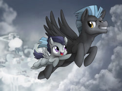Size: 1024x768 | Tagged: dead source, safe, artist:ibsn, character:rumble, character:thunderlane, species:pegasus, species:pony, g4, brothers, cloud, cloudsdale, cloudy, colt, cute, duo, fluffy, flying, grin, male, open mouth, rumblebetes, siblings, sky, smiling, smirk, spread wings, stallion, three quarter view, wings