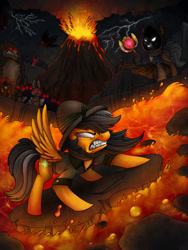 Size: 1024x1365 | Tagged: dead source, safe, artist:ibsn, character:daring do, species:pegasus, species:pony, g4, bat, bear, daring do adventure collection, daring do and the marked thief of marapore, female, gritted teeth, lava, mare, mind control, mojo, profile, rabbit, red eyes, scene interpretation, scepter, spread wings, thief, volcano, wings