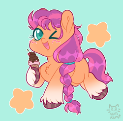 Size: 1244x1221 | Tagged: safe, artist:nullkunst, character:sunny starscout, species:earth pony, species:pony, g5, blushing, braid, chest fluff, chibi, coat markings, colored hooves, colored pupils, cute, food, hoof hold, hooves, ice cream, ice cream cone, looking at you, one eye closed, open mouth, open smile, raised hoof, signature, simple background, smiling, socks (coat marking), solo, stars, sunnybetes, teal background, three quarter view, unshorn fetlocks, wink, winking at you