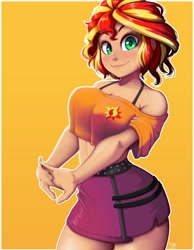 Size: 776x1000 | Tagged: safe, artist:the-park, character:sunset shimmer, species:human, g4, my little pony:equestria girls, alternate hairstyle, blushing, bra strap, clothing, female, humanized, light skin, looking at you, midriff, orange background, shirt, simple background, skirt, solo, species swap, stretching