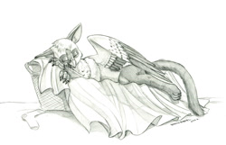 Size: 1500x965 | Tagged: safe, artist:baron engel, patreon reward, oc, oc only, oc:sean, species:griffon, black and white, clothing, cute, explicit source, grayscale, grimdark source, laundry basket, male, monochrome, ocbetes, pencil drawing, simple background, sleeping, socks, solo, traditional art, white background, wings