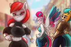 Size: 3477x2318 | Tagged: safe, artist:lummh, character:hitch trailblazer, character:sugar moonlight, character:zipp storm, species:anthro, species:earth pony, species:pegasus, g5, belly button, blaze (coat marking), blushing, bra, clothing, colored wings, distracted boyfriend meme, eyebrows, female, hitch trailblazer is not amused, implied bisexual, lidded eyes, male, mare, meme, midriff, multicolored hair, multicolored wings, open mouth, pants, shirt, sports bra, spread wings, stallion, tail, trio, underwear, wingboner, wings, zippbutt