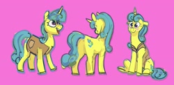 Size: 3294x1617 | Tagged: safe, artist:alumx, part of a set, character:lemon hearts, species:pony, species:unicorn, g4, blushing, butt, female, mare, pink background, plot, simple background, simplistic anus, sitting, smiling, solo