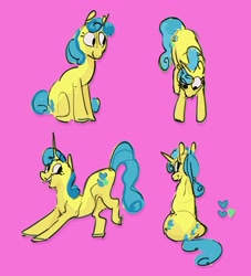 Size: 2481x2735 | Tagged: safe, artist:alumx, part of a set, character:lemon hearts, species:pony, species:unicorn, g4, female, mare, pink background, profile, simple background, sitting, solo, three quarter view