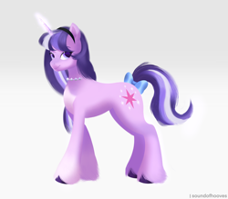 Size: 3200x2800 | Tagged: safe, artist:soundofhooves, character:twilight sparkle, character:twilight sparkle (unicorn), species:pony, species:unicorn, g4, g5, my little pony: friendship is magic, alternate design, bow, colored hooves, cute, female, g4 to g5, generation leap, glowing horn, gradient background, gray background, hooves, horn, looking at you, magic, magic aura, mare, my little pony, redesign, simple background, tail, tail bow, three quarter view, twiabetes, unshorn fetlocks