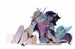 Size: 2431x1580 | Tagged: safe, artist:fan_silversol, idw, character:good king sombra, character:king sombra, character:princess celestia, species:alicorn, species:pony, species:umbrum, species:unicorn, ship:celestibra, g4, spoiler:comic, cake, cakelestia, clothing, crown, cute, female, floppy ears, food, glowing horn, hoof shoes, horn, jewelry, kissing, looking at each other, looking at someone, magic, magic aura, male, mare, necklace, nose kiss, peytral, profile, reflections, regalia, shipping, shoes, simple background, stallion, straight, telekinesis, white background, wings