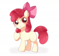 Size: 1942x1858 | Tagged: dead source, safe, artist:ginmaruxx, character:apple bloom, species:earth pony, species:pony, g4, adorabloom, apple, apple family member, blushing, cute, eating, female, filly, food, herbivore, looking at you, raised hoof, simple background, solo, white background, young