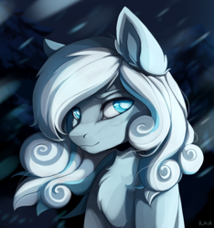 Size: 3000x3204 | Tagged: safe, artist:ritter, derpibooru original, oc, oc only, oc:snowdrop, species:pegasus, species:pony, avatar, bust, chest fluff, colored eyebrows, ear fluff, eyebrows, female, high res, looking at you, mare, night, older, older snowdrop, pegasus oc, signature, snow, snowfall, solo, three quarter view, white pupils, windswept mane, winter