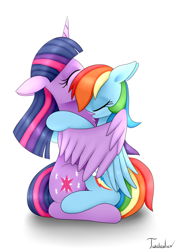 Size: 2480x3507 | Tagged: safe, artist:twidasher, character:rainbow dash, character:twilight sparkle, character:twilight sparkle (alicorn), species:alicorn, species:pegasus, species:pony, ship:twidash, g4, chest fluff, cute, dashabetes, eyes closed, female, floppy ears, hug, lesbian, mare, profile, shipping, signature, simple background, size difference, smoldash, twiabetes, white background, winghug, wings