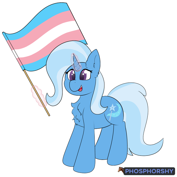 Size: 3000x3000 | Tagged: safe, artist:phosphorshy, manebooru spotlight, character:trixie, species:pony, species:unicorn, g4, chest fluff, ear fluff, female, flag, high res, magic, mare, open mouth, open smile, pride, pride flag, signature, simple background, smiling, solo, transgender, transgender pride flag, transparent background