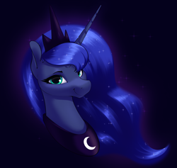 Size: 2585x2450 | Tagged: safe, artist:aquaticvibes, character:princess luna, species:alicorn, species:pony, g4, black background, bust, crown, diadem, ethereal mane, eyebrows, eyelashes, female, galaxy mane, high res, horn, jewelry, looking at you, looking sideways, looking sideways at you, mare, necklace, peytral, portrait, regalia, simple background, smiling, smiling at you, solo, three quarter view