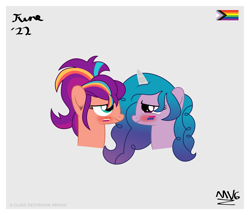 Size: 4543x3912 | Tagged: safe, artist:s-class-destroyer, character:izzy moonbow, character:sunny starscout, species:earth pony, species:pony, species:unicorn, g5, bisexual flag, blushing, face paint, female, gradient hair, lesbian, lesbian flag, looking at each other, multicolored hair, pride, romance, romantic, shipping, simple background, smiling