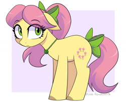 Size: 1280x1039 | Tagged: safe, artist:vale-bandicoot96, manebooru spotlight, character:posey bloom, species:earth pony, species:pony, g5, my little pony: tell your tale, bow, colored hooves, cute, eye clipping through hair, eyebrows, eyebrows visible through hair, female, floppy ears, frown, hair bow, hooves, looking at you, mare, not fluttershy, signature, simple background, solo, tail, tail bow, three quarter view