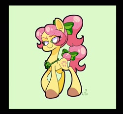 Size: 2000x1867 | Tagged: safe, artist:galaxydream22, character:posey bloom, species:earth pony, species:pony, g5, bow, colored eyebrows, colored hooves, eye clipping through hair, eyebrows, eyebrows visible through hair, female, green background, hooves, mare, no pupils, signature, simple background, smiling, solo, tail, tail bow, three quarter view