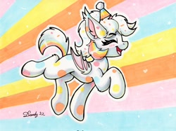 Size: 2048x1530 | Tagged: safe, artist:dandy, oc, oc only, oc:confetti cupcake, species:bat pony, species:pony, bat pony oc, clothing, cute, ear fluff, eyebrows, eyebrows visible through hair, eyes closed, female, gift art, hat, mare, ocbetes, open mouth, party hat, simple background, solo, tail, trotting