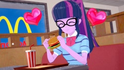 Size: 1920x1080 | Tagged: safe, artist:hornydogo, character:twilight sparkle, character:twilight sparkle (scitwi), species:eqg human, g4, 3d, balloons, burger, cheeseburger, cup, drink, eating, explicit source, eyes closed, female, food, glasses, hamburger, happy, heart balloon, koikatsu, mcdonald's, smiling, solo, straw