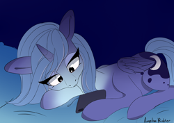 Size: 3508x2480 | Tagged: safe, artist:angelinarichter, character:princess luna, species:alicorn, species:pony, g4, bed, cellphone, cute, eye clipping through hair, female, filly, filly luna, high res, lidded eyes, lunabetes, lying down, mare, on bed, phone, prone, s1 luna, signature, smartphone, solo, woona, younger