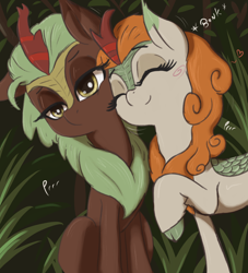 Size: 1450x1600 | Tagged: safe, artist:t72b, derpibooru original, character:autumn blaze, character:cinder glow, character:summer flare, species:kirin, species:pony, newbie artist training grounds, g4, affection, atg 2020, awwtumn blaze, behaving like a cat, blush sticker, blushing, bonk, cinderbetes, cinderblaze, cloven hooves, colored hooves, cute, duo, expressionless, eyes closed, female, floating heart, floppy ears, grass, heart, hooves, lesbian, lidded eyes, mare, nuzzling, one ear down, onomatopoeia, purring, raised hoof, shipping, sitting, smiling, squishy cheeks, unshorn fetlocks