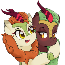 Size: 1940x1940 | Tagged: safe, artist:nathayro37, character:autumn blaze, character:cinder glow, character:summer flare, species:kirin, g4, awwtumn blaze, blushing, cinderbetes, cinderblaze, cloven hooves, colored hooves, cute, duo, eye contact, female, hooves, hug, lesbian, looking at each other, open mouth, open smile, shipping, simple background, smiling, three quarter view, transparent background