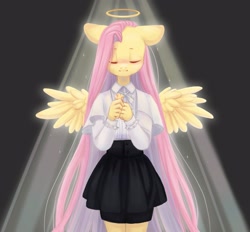 Size: 3229x3000 | Tagged: safe, artist:melodylibris, character:fluttershy, species:anthro, species:pegasus, g4, abstract background, blouse, christianity, clothing, cross, cross necklace, eyes closed, female, floppy ears, halo, hands together, high res, jewelry, light, long hair, mare, necklace, shirt, simple background, skirt, smiling, solo, spread wings, wings
