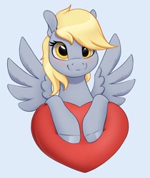 Size: 2350x2800 | Tagged: safe, artist:aquaticvibes, character:derpy hooves, species:pegasus, species:pony, g4, blushing, cute, derpabetes, female, gray background, looking at you, mare, pillow, simple background, smiling, solo, spread wings, wings