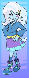 Size: 740x2000 | Tagged: safe, artist:batipin, character:trixie, species:human, g4, my little pony:equestria girls, abstract background, boots, clothing, cute, diatrixes, eyelashes, female, hairpin, hoodie, looking at you, no pupils, shoes, skirt, solo