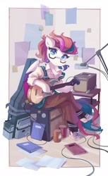 Size: 2513x4096 | Tagged: safe, artist:saxopi, character:zipp storm, species:pegasus, species:pony, g5, adorazipp, amplifier, arm hooves, backpack, clothing, cute, dress, eyebrows, eyebrows visible through hair, female, glasses, guitar, hoof shoes, looking at you, mare, microphone, musical instrument, notebook, pants, semi-anthro, shirt, shoes, socks, solo, suspenders