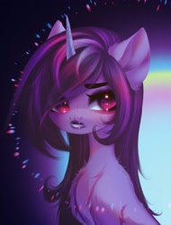 Size: 2369x3122 | Tagged: safe, alternate version, artist:shenki, character:izzy moonbow, species:pony, species:unicorn, g5, black lipstick, bust, explicit source, eyebrows, eyelashes, female, goth, goth izzy, gradient hair, horn, lipstick, looking sideways, makeup, mare, multicolored hair, portrait, solo