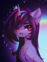 Size: 2369x3122 | Tagged: safe, alternate version, artist:shenki, character:izzy moonbow, species:pony, species:unicorn, g5, black lipstick, bust, explicit source, eyebrows, eyelashes, female, goth, goth izzy, gradient hair, horn, lipstick, looking sideways, makeup, mare, multicolored hair, portrait, solo