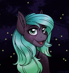 Size: 1785x1875 | Tagged: safe, artist:willow, oc, oc only, oc:luminessence, species:anthro, species:earth pony, species:pony, abstract background, black background, bra strap, cute, ear fluff, eyebrows, eyelashes, female, freckles, looking at you, looking back, looking back at you, mare, ocbetes, open mouth, simple background, solo