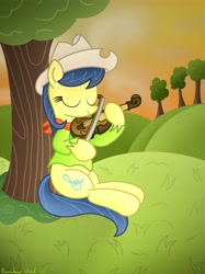 Size: 3016x4032 | Tagged: safe, artist:rainbowšpekgs, character:fiddlesticks, species:earth pony, species:pony, g4, bandana, clothing, cute, cutie mark, explicit source, eyelashes, eyes closed, female, hat, mare, musical instrument, orchard, shirt, sitting, solo, tail, tree, violin, violin bow