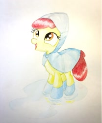 Size: 1706x2048 | Tagged: safe, artist:hauntedtuba, character:apple bloom, species:earth pony, species:pony, g4, adorabloom, apple family member, cute, female, filly, foal, happy, puddle, raincoat, solo, traditional art, young