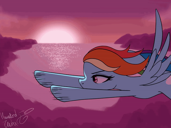 Size: 600x450 | Tagged: safe, artist:hauntedtuba, character:rainbow dash, species:pegasus, species:pony, g4, animated, blinking, cloud, eyebrows, female, flapping wings, flying, gif, loop, mare, motion lines, perfect loop, profile, signature, solo, spread wings, sunset, water, windswept mane, wings