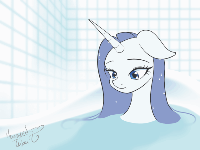 Size: 640x480 | Tagged: safe, artist:hauntedtuba, character:rarity, species:pony, species:unicorn, g4, animated, bath, bathroom, bathtub, blinking, dripping, eye shimmer, eyebrows, female, floppy ears, indoors, looking down, mare, signature, solo, three quarter view, wet mane, wet mane rarity