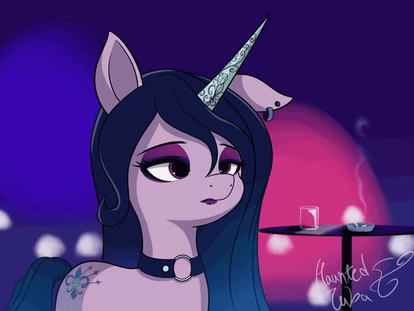 Size: 600x450 | Tagged: safe, artist:hauntedtuba, character:izzy moonbow, species:pony, species:unicorn, g5, alternate cutie mark, animated, blowing, choker, cigarette, cute, cutie mark, drink, dyed mane, ear piercing, earring, eye shimmer, eyebrows, eyeshadow, female, gif, goth, goth izzy, gradient hair, izzybetes, jewelry, lipstick, loop, makeup, multicolored hair, necklace, perfect loop, piercing, signature, solo, three quarter view