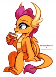 Size: 1333x1831 | Tagged: safe, artist:emberslament, artist:maren, character:smolder, species:dragon, g4, collaboration, cup, cute, drink, drinking, eyebrows, eyelashes, female, simple background, sitting, smolderbetes, solo, straw, white background, wings